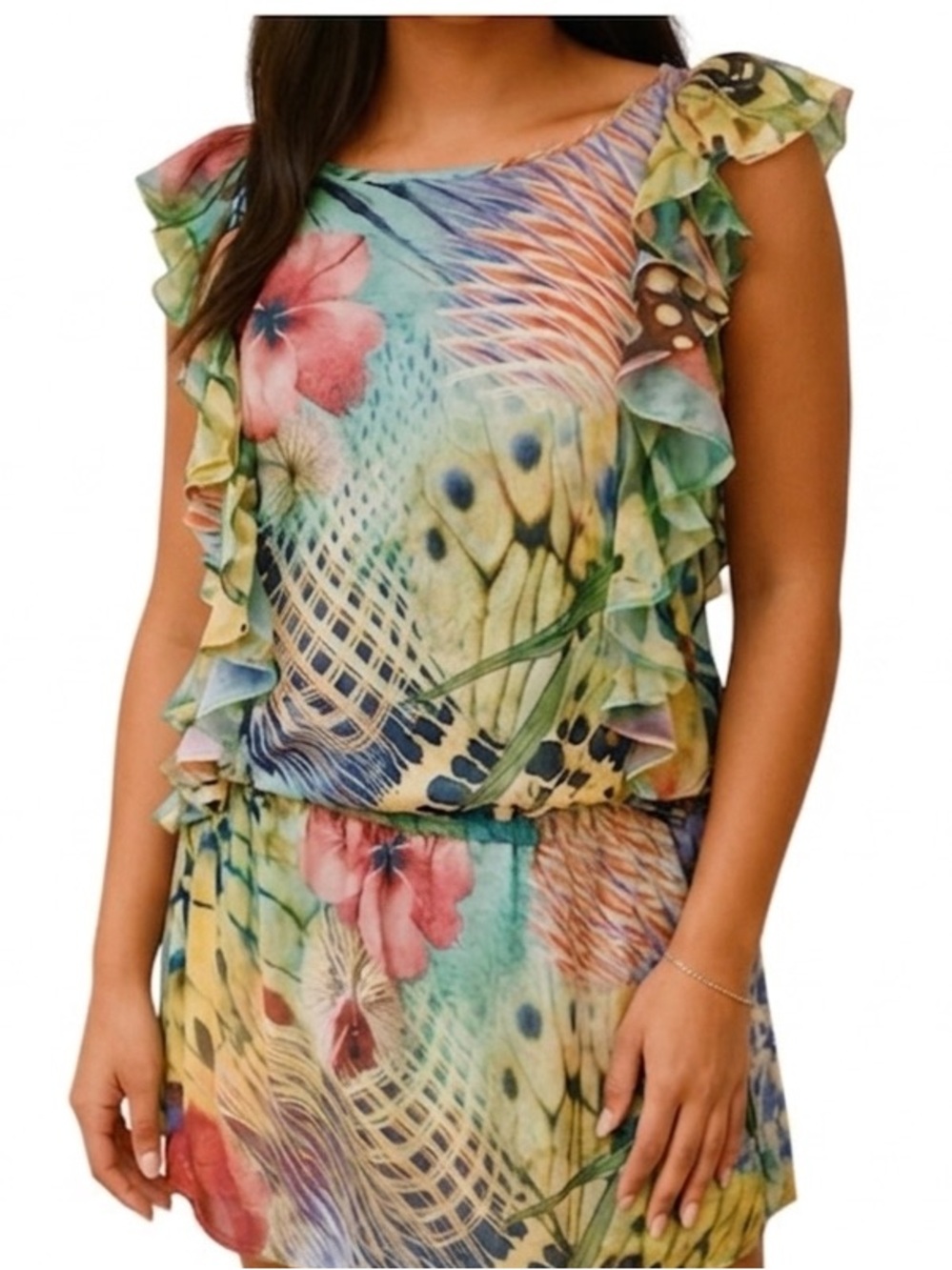 ARGENTI Sleeveless Floral Multicolour Jungle Dress Ruffles Elastic Waist Size 8